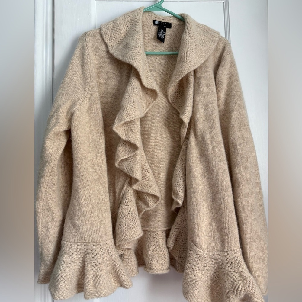 Carole Little Cream Lambswool Angora Nylon Ruffled Cardigan Sweater, Sz: 2X